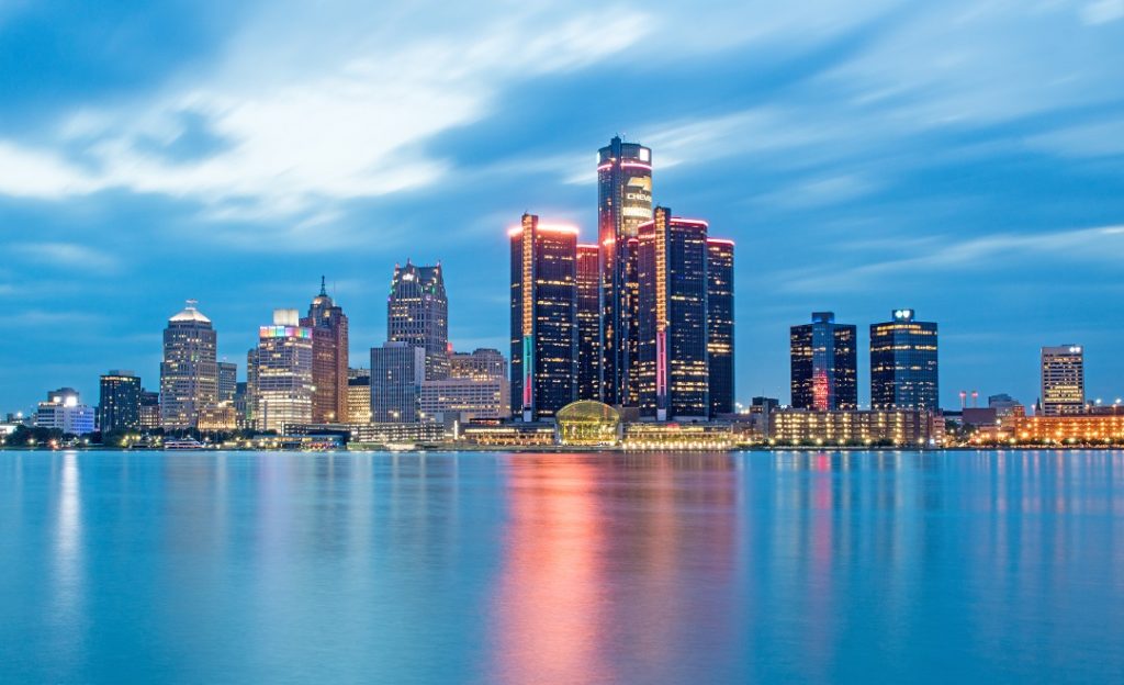 detroit michigan skyline blue hour long exposure