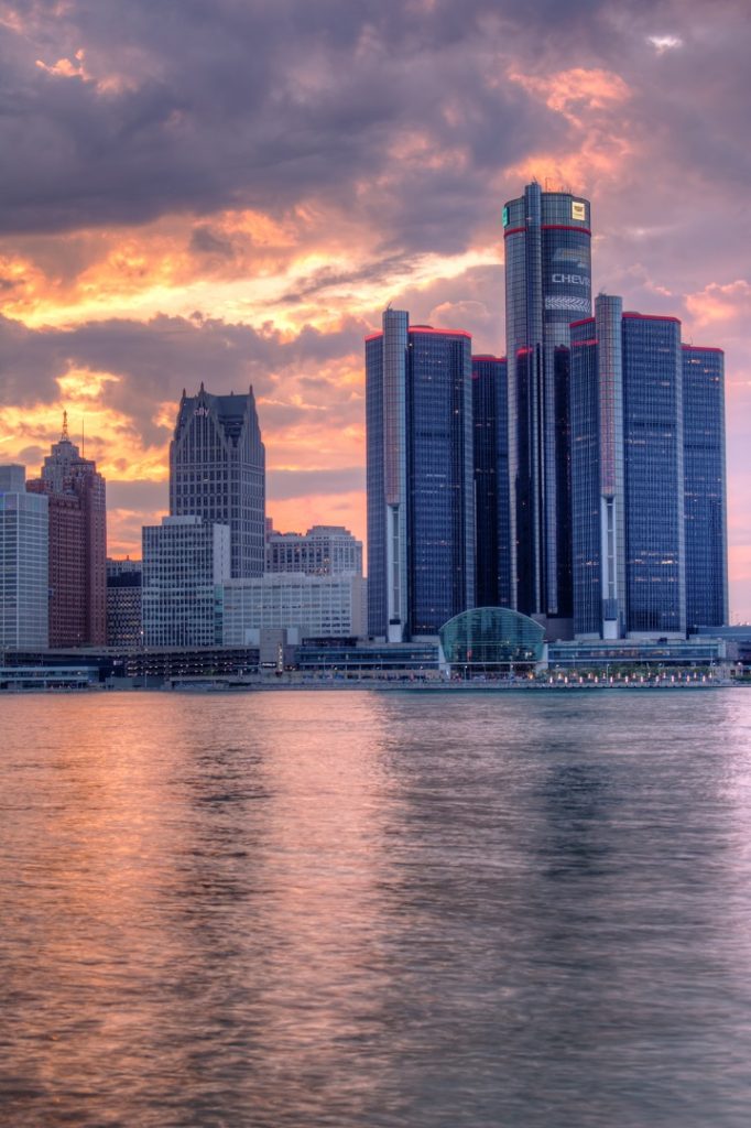 downtown detroit michigan skyline sunset photo