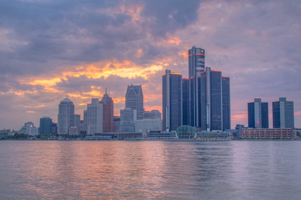 downtown detroit michigan skyline sunset photo