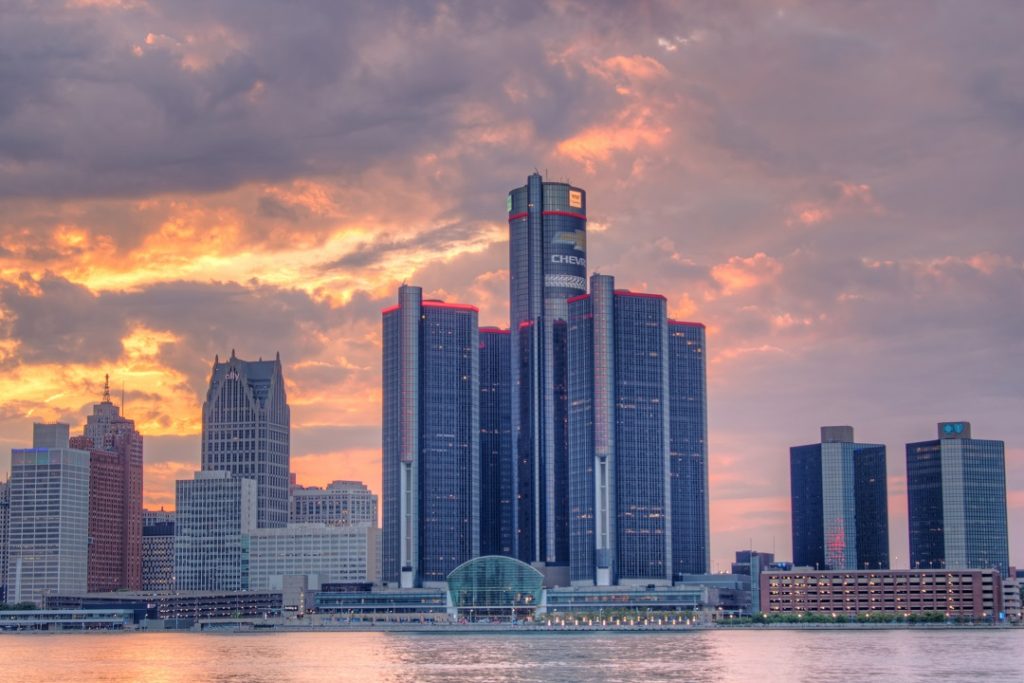 downtown detroit michigan skyline sunset photo