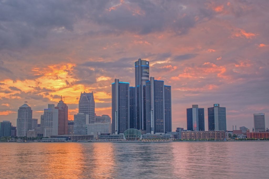 downtown detroit michigan skyline sunset photo