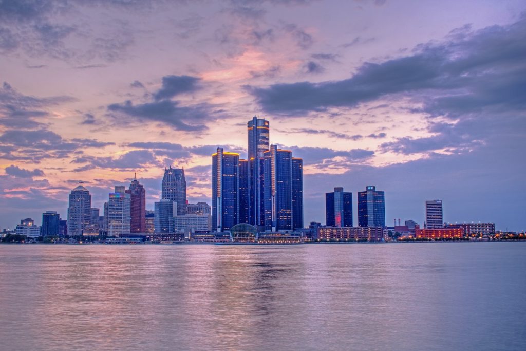 downtown detroit michigan skyline sunset photo